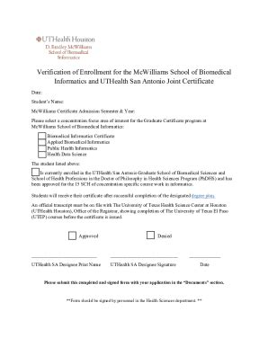 Fillable Online Verification Of Enrollment For The Mcwilliams School Of