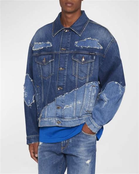 Dolce Gabbana Men S Distressed Patched Denim Jacket Neiman Marcus