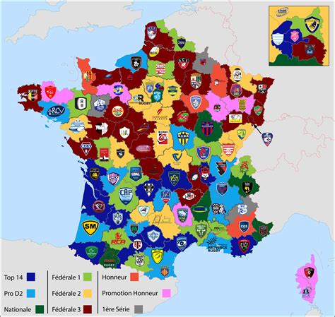 [OC] Top ranked Rugby club of each French Département for the 2020/21