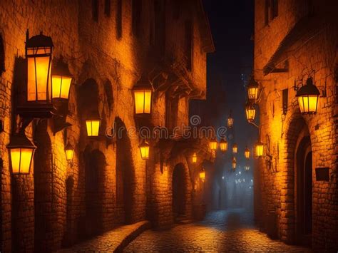 Night Street of Ancient Medieval City, Generative AI Illustration Stock ...