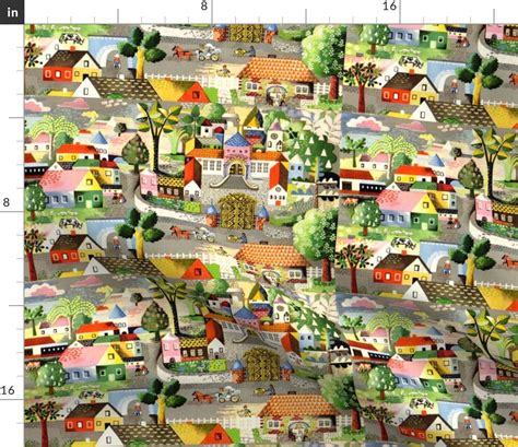 Vintage Retro Kitsch Folk Art Towns Fabric Spoonflower