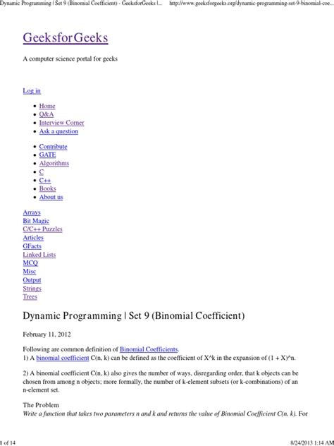 Binomial Coefficent | PDF | Dynamic Programming | C (Programming Language)