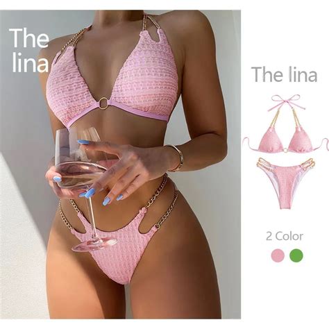 New Bikini Sexy Chain Swimwear Summer Strap Open Back Split Beach
