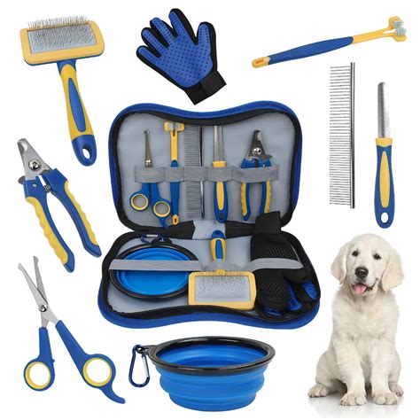 BAUZA Dog Grooming Kit 8 in 1, Dog Toothbrush, Dog Pin Brush, Dog Nail Clipper, Collapsible Dog ...