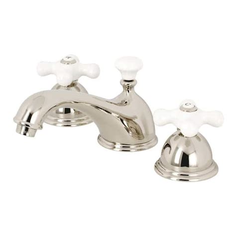 Reviews For Kingston Brass Restoration Porcelain Cross 8 In Widespread 2 Handle Bathroom Faucet