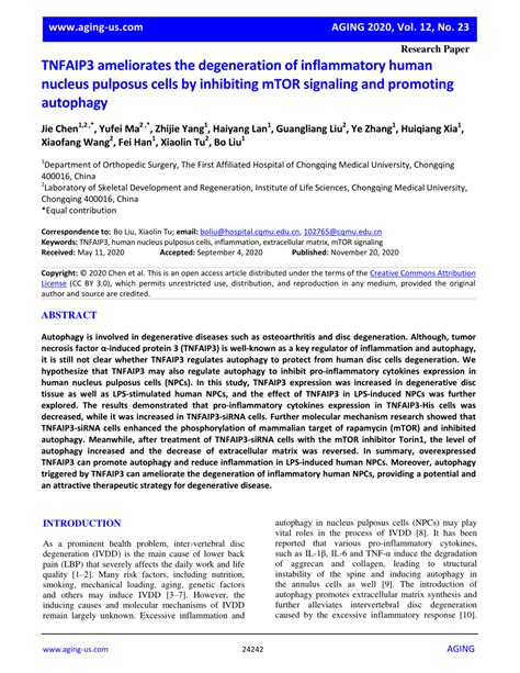 PDF TNFAIP3 Ameliorates The Degeneration Of Inflammatory Human