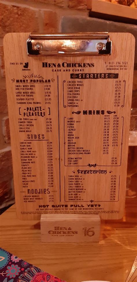 Menu at Hen & Chickens pub & bar, Birmingham