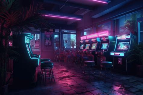 Premium Ai Image A Deserted Arcade Neon Lights Flickering And Casting