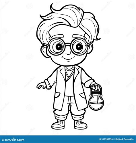 Little Scientist Holding a Flask. Coloring Page for Kids Stock