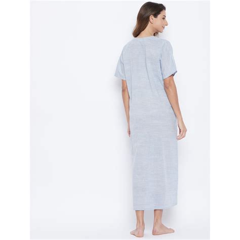 The Kaftan Company Embroidered Stripes Cotton Nightdress Blue Buy