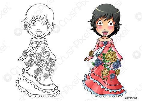 Ni A En Vestido De Flores Dibujos Animados Para Colorear Vector De