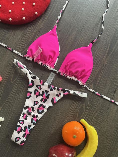 de leopardo de color combinado Tanga Set de bikini con triángulo Top