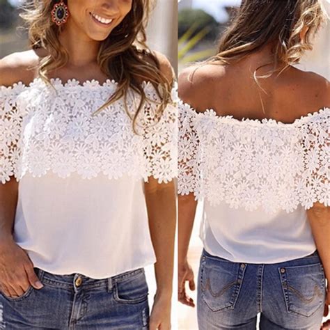 Sexy Loose Tops Women White Lace Off Shoulder Casual Chiffon Blouse B3