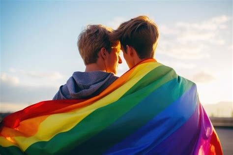 Premium Photo Back View Of Loving Gay Pair And Rainbow Flag