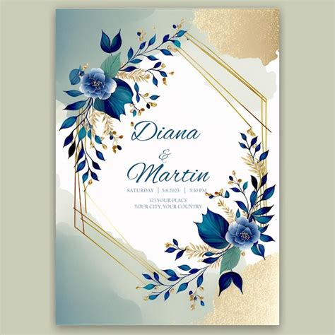 Um Convite De Casamento Floral Azul E Dourado Para Um Casamento