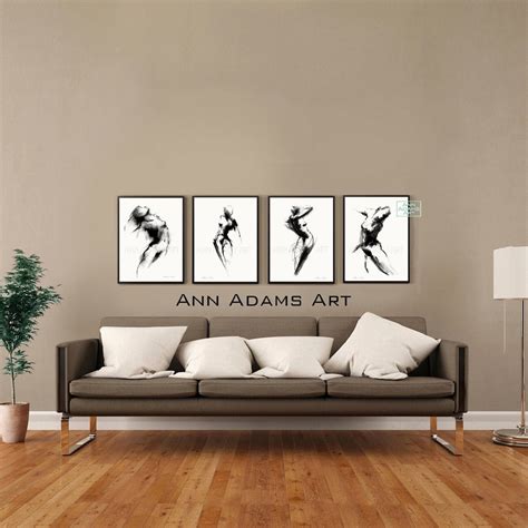 Set Of Charcoal Drawing Nude Sketch Movement Minimalist Female Figure Abstract Art Prints