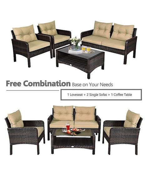 Gymax 4pcs Rattan Wicker Patio Conversation Set Cushioned Outdoor