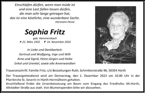 Traueranzeigen Von Sophia Fritz WirTrauern