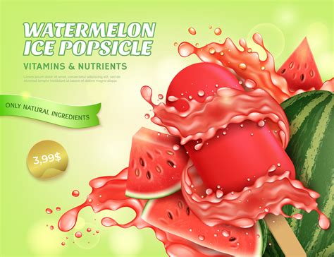 Realistic Detailed 3d Watermelon Ice Popsicle Ads Banner Concept Poster