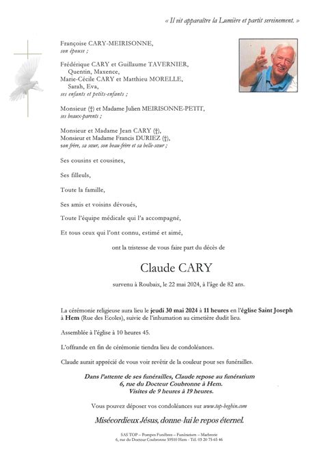 Avis De Décès De Claude Cary Pompes Funèbres Top Beghin