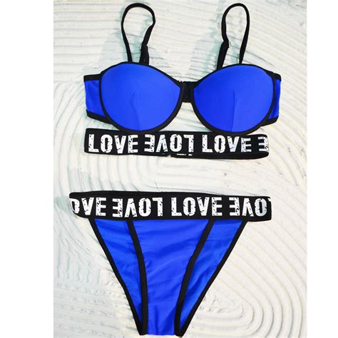Swimwear Bikini Donna Push Up Costume Da Mare Moda Bikini Fluo Blu Con Scritta Love Donna