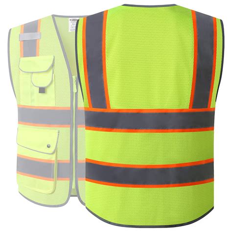 Snapklik Jksafety Pockets Hi Vis Neon Yellow Zipper Front Mesh