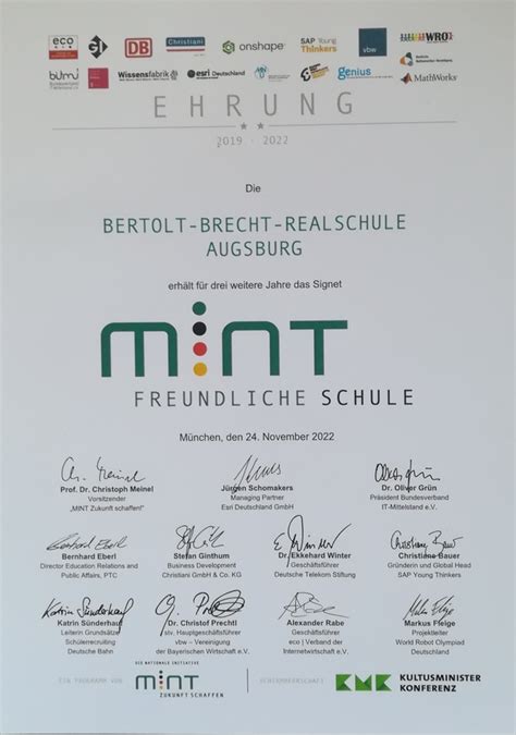 Erneute Ehrung Zur Mint Freundlichen Schule Bertolt Brecht Realschule