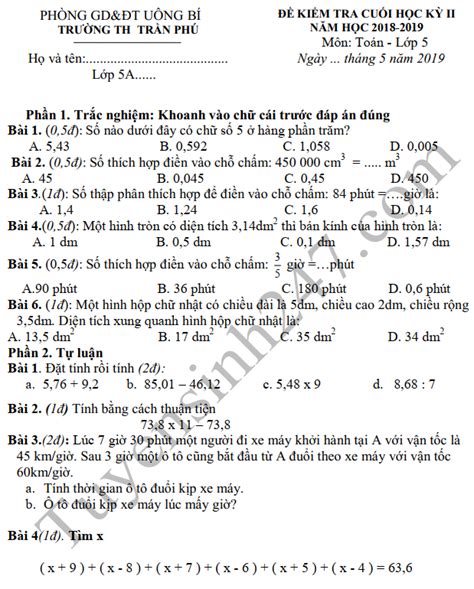 Đề thi học kì 2 lớp 5 môn Toán