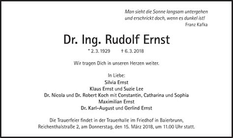 Traueranzeigen Von Rudolf Ernst Sz Gedenken De