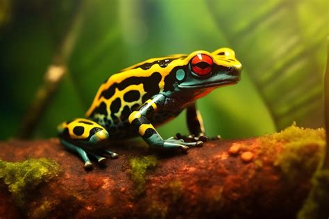 Premium Photo A Frog With A Yellow And Black Body And Red Eyes Sits