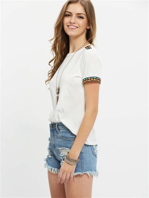 Short Sleeve Embroidered T Shirt Shein Sheinside