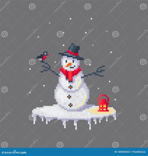 Pixel Art Snowman In Hat Stock Vector Illustration Of Greeting