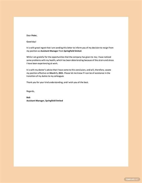 Resignation Letter Due To Health Issues In Google Docs Word PDF