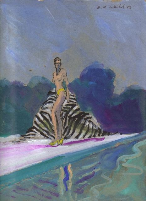 Bikini Babe With Zebra Towel By Pool Watercolor By Harry Weisburd