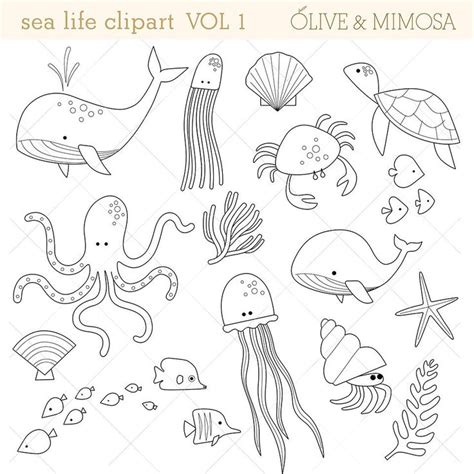 Sea Animals Clip Art Images VOL 1 Black & White Outline, Sea Life ...