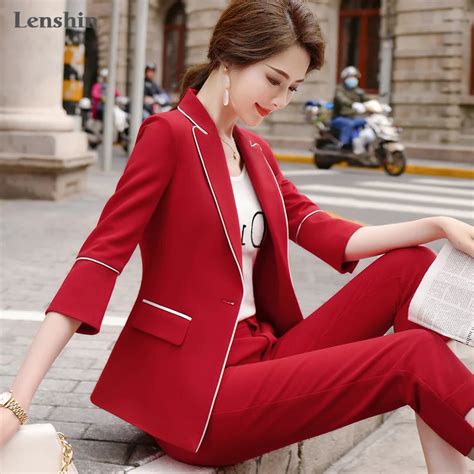 Lenshin 2 Piece Set Three Quarter Sleeve Binding Striped Pant Suit Summer Wear Office Lady