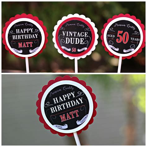 Vintage Dude Adult Birthday Cupcake Toppers Cheers To 50 Years Aged To