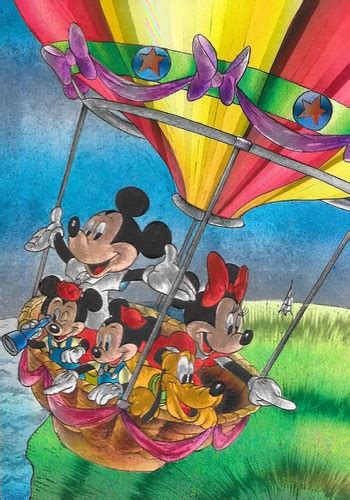 DISNEY POSTCARD WALT WORLD HOT AIR BALLOON MICKEY MINNIE MOUSE SHIMMER
