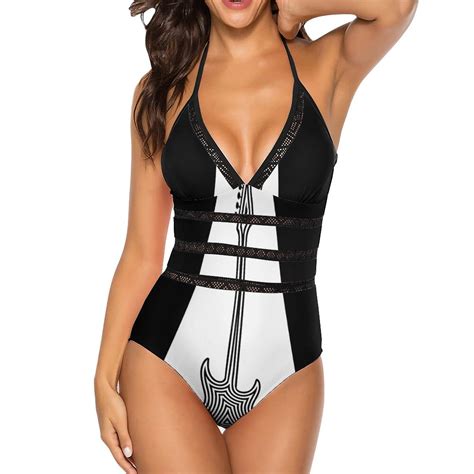 Swimwear 2024 Black And White Electric Guitar Sexy Black Mesh One Piece