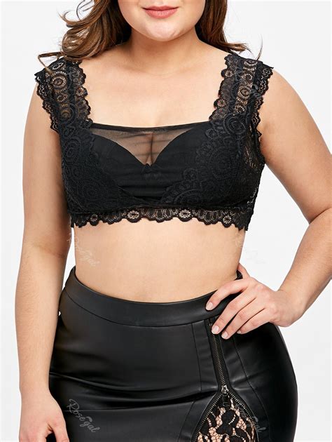 35 Off Plus Size Mesh Insert Lace Crop Top Rosegal