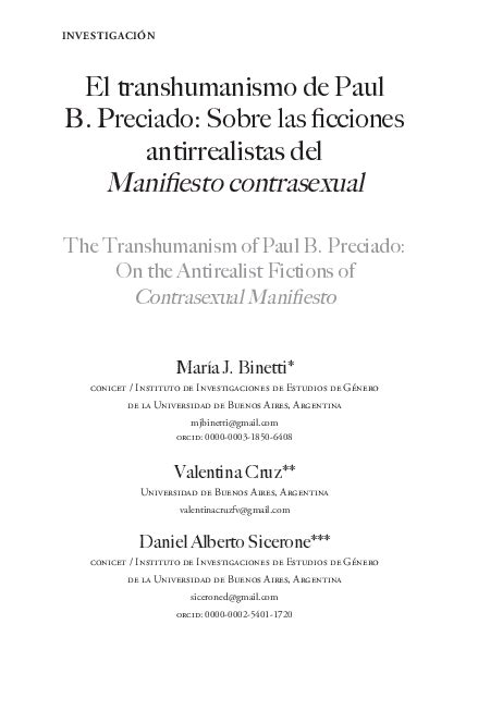 Pdf El Transhumanismo De Paul B Preciado Sobre Las Ficciones Antirrealistas Del Manifiesto