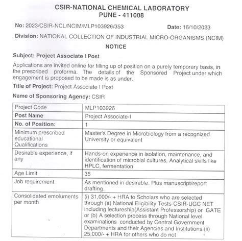 Project Associate I Position Csir Ncl Pune Jaivikshastram