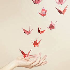 Group Of Red Origami Cranes Flying Away By Paper Boat Creative