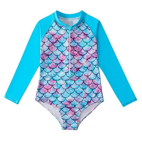 Girls Long Sleeve Rash Guard One Piece Swimsuit Set With Zipper 2 12y