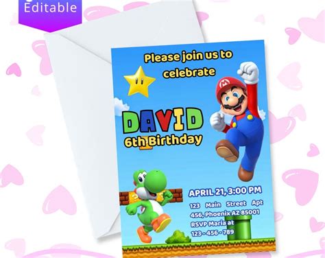 Super Mario Invitation Editable Canva Birthday Ideas Printable