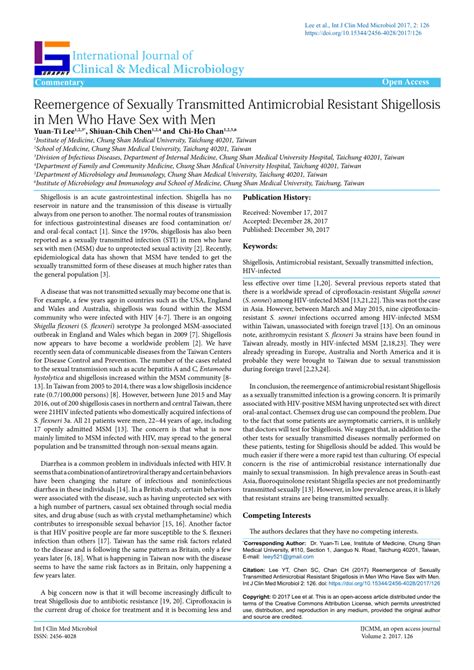 Pdf Reemergence Of Sexually Transmitted Antimicrobial Resistant Shigellosis In Men Who Have