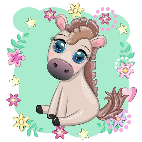 Poney De Cheval De Dessin Animé Mignon Pour Carte Avec Coeur De Ballons