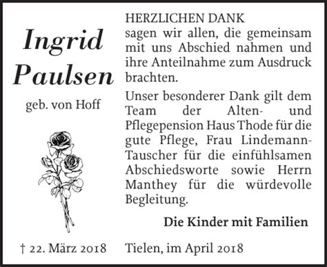 Traueranzeigen Von Ingrid Paulsen Sh Z Trauer