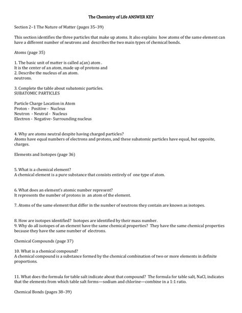 The Chemistry Of Life Answer Key