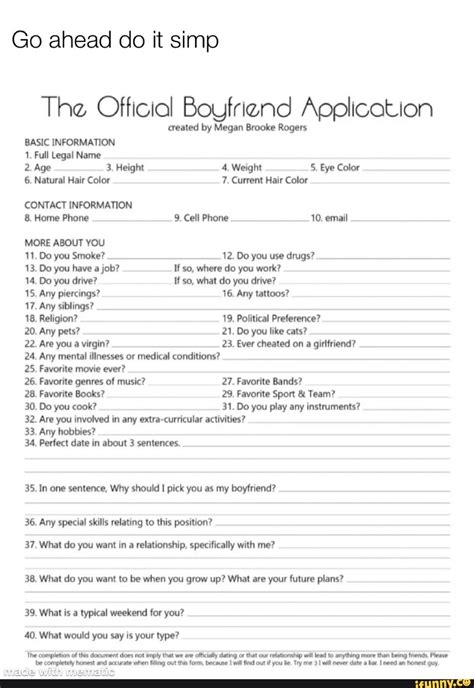 Go Ahead Do It Simp The Official Boyfriend Application Created By Megan